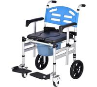 Portable Folding Commode Chair with Wheels and Padded Seat, Aluminum Frame Supports 150KG for Mobility and Shower Use