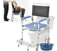 Portable Folding Rolling Toilet Shower Chair with Padded Seat & Detachable Bucket for Elderly Disabled Adults, Bedside Commode Wheelchair