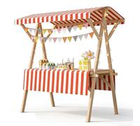 Portable Folding Wooden Market Booth with Striped Canopy & Tablecloth - Easy Setup Outdoor Vendor Display for Farmers Markets, Craft Fairs, Festivals (47.2in/120cm)