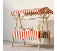 Portable Folding Wooden Market ll PopUp Vendor Booth with Striped Canopy & Table Easy AssemblyDisplay nd for Farmers Markets & Craft Fairs (Red 47.2in/120cm)