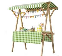Portable Folding Wooden Market llPopUp Vendor Booth with Striped Canopy & TableEasy AssemblyDisplay nd for Farmers Market & Craft Fairs (59in/150cm)