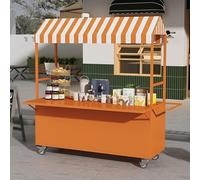 Portable Food Cart with Striped Canopy Lockable Wheels Folding Tabletop - Metal Vending Cart for Street Food Markets Events & Festivals - Ideal Outdoor Catering Solution
