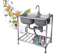 Portable Freestanding Double Bowls Outdoor Sink Station, Stainless Steel Utility Kitchen Garden Commercial Restaurant Farmhouse Sink for Backyard Garage Laundry Room