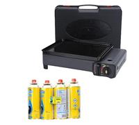 Portable Gas Stove Burner and 4 Gas Cans - Stainless Steel Compact Camping Stove - With Barbecue Grill Plate, Drip Tray, Tongs and Carrying Case for Outdoor BBQ, Picnics or Travel Cooking