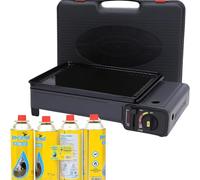 Portable Gas Stove Burner and 4 Gas Cans - Stainless Steel Compact Camping Stove - With Barbecue Grill Plate, Drip Tray, Tongs and Carrying Case for Outdoor BBQ, Picnics or Travel Cooking