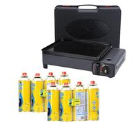 Portable Gas Stove Burner and 8 Gas Cans - Stainless Steel Compact Camping Stove - With Barbecue Grill Plate, Drip Tray, Tongs and Carrying Case for Outdoor BBQ, Picnics or Travel Cooking