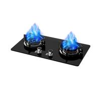 Portable Gas Stove Double Burner, 4.8/5.0KW 9 Cavity High Fire, Black Tempered Glass Cast Iron Pot Holder, For Home Kitchen With Flameout Protection(NG)
