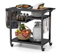 Portable Grill Cart Outdoor Pizza Oven Table Movable BBQ Cart w/ Shelves & Hooks