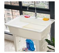 Portable Hand Washing Station, Outdoor Sink, Freestanding Plastic Utility Sink with Washboard, Cold and Hot Water Faucet for Laundry Room and Garage (White 68cm/27in)