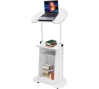 Portable Height Adjustable Church Lectern Podium Stand with Desktop & Storage Cabinet, Mobile Laptop Cart on Wheels for Classroom and Lecture Use