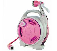 Portable Hose Reel, 50FT Garden Hose Reel for Outside, Lightweight Hose Reel with 6 Patterns Spray Nozzle, Suitable for US Standard Hose Connection（Pink）