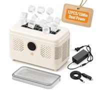 Portable Ice Cube Maker Dual Power, 12V DC Mini Ice Maker, Makes 12 Cubes in 15 Minutes, Perfect for Home Kitchen, Camping, Road Trips, 16 Cubes Total