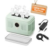 Portable Ice Cube Maker Dual Power, 12V DC Mini Ice Maker, Makes 12 Cubes in 15 Minutes, Perfect for Home Kitchen, Camping, Road Trips, 16 Cubes Total