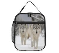 Portable Insulated Lunch Bag Insulated Cool Tote Two Wolves Walking in The Snow Printed with Side Mesh Pocket Water Resistant Leakproof Soft Cooler Bag Durable for Men Women for Work Picnic Outdoor