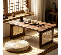 Portable Japanese Floor Coffee Table, Folding Bamboo Low Table for Living Room, No Assembly Required, Vine Woven Legs, Ideal for Mtat (Walnut, 27.5x14.6in)