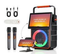 Portable Karaoke Machine with 10.1” Rotatable HD Screen, Wireless Screen Mirroring for iOS & Android, Bluetooth Speaker with Lyrics Display, PA System with 2 Wireless Microphones & LED Lights for Home