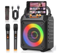 Portable Karaoke Machine with 2 Wireless Microphones Bluetooth Karaoke Speaker with PA System for Adults,Parties,Home Use,Support BT/TF/USB/AUX/FM,Recording,LED Lights,Powerful Bass and Treble(K168B)