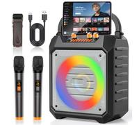 Portable Karaoke Machine with 2 Wireless Microphones Bluetooth Karaoke Speaker with PA System for Adults,Parties,Home Use,Support BT/TF/USB/AUX/FM,Recording,LED Lights,Powerful Bass and Treble(K168W)