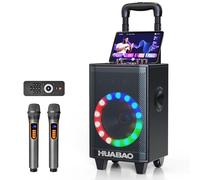 Portable Karaoke Machine with 2 Wireless Microphones, Bluetooth Speaker with Lights and Trolley Wheels, 6600mAh Rechargeable PA System, FM/AUX/USB/TF, Remote, Bass/Treble/Echo Adjust, Ideal for Party