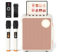 Portable Karaoke Machine with 2 Wireless Mics - Bluetooth 5.0 Speaker, LED Lights, TWS Pairing, Guitar Input, Record, Rechargeable Battery for Home & Outdoor Party-Pink/White