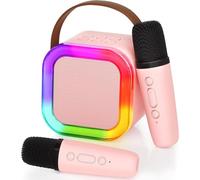 Portable Karaoke Machine with 2 Wireless Mics - Bluetooth Speaker for Kids & Adults | Voice Effects & LED Lights for Ages 4+ | Family Party, Birthday (Pink)