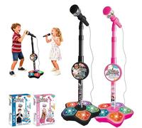 Portable Kids Karaoke Microphone with Stand, Adjustable Stand Lights，Bluetooth Toy Microphone with Built-in Music, 5 LED Lights & Echo Effect, Singing Machine Gift for Girls & Boys (Pink+Black)