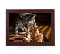 Portable Lap Desk Tray (Chess Cat) Handmade Wooden Frame, Beanbag Cushioned Bottom | Computers, Laptops, Meals, Food | L878 Brown