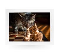 Portable Lap Desk Tray (Chess Cat) Handmade Wooden Frame, Beanbag Cushioned Bottom | Computers, Laptops, Meals, Food | L878 White