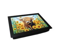 Portable Lap Desk Tray (Highland Cow in a Sunflower Meadow) Handmade Wooden Frame, Beanbag Cushioned Bottom | Computers, Laptops, Meals, Food | L1600 (Brown Frame Cream Cushion)