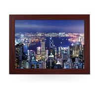 Portable Lap Desk Tray (Hong Kong at Night) Handmade Wooden Frame, Beanbag Cushioned Bottom | Computers, Laptops, Meals, Food | L0096 Brown