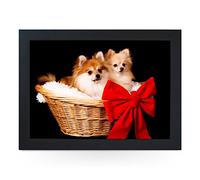 Portable Lap Desk Tray (Pomeranian Dogs in A Basket) Handmade Wooden Frame, Beanbag Cushioned Bottom | Computers, Laptops, Meals, Food | L0199 Black