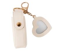 Portable Leather Lipstick Bag Makeup Pouch Lip Balm Keychain Holder Lipsticks Protective Cover with Mirror(Beige)