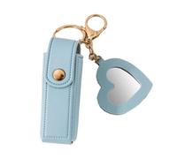 Portable Leather Lipstick Bag Makeup Pouch Lip Balm Keychain Holder Lipsticks Protective Cover with Mirror(Blue)