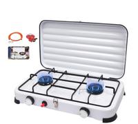 Portable LPG Gas Stove Camping 2 Burners 4.4kW - Automatic Ignition, Temperature Control - Regulator 37 mbar + PVC Hose 150 cm, Camping Stove