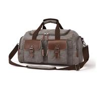 Portable Luggage Bag Mens Canvas Leather Travel Bags Carry On Luggage Handbags Big Traveling Duffel Bags Tote Large Weekend Bag Overnight(Light Grey)