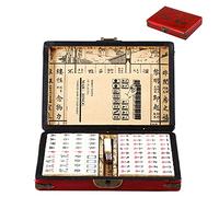 Portable Mahjong Game with Handle Option, 144 Acrylic Wood Leather Tiles, 2 Dices, Wooden Storage Case, Compact Travel-Friendly Design