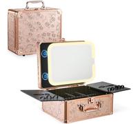 Portable Makeup Box with Led Mirror Travel Makeup Bag Cosmetic Organiser Box Vanity Case with Adjustable Compartment, Rose Gold