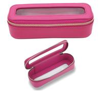 Portable Makeup Brush Bag Waterproof Leather Clear Cosmetic Case, Silm Toiletry Organizer for Brushes & Essentials (Rosy, 7.5x2.4x2.4 Inch), Ich Dekor
