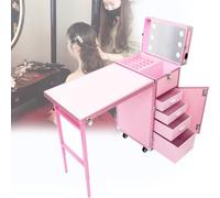 Portable Makeup Train Case with Pull Rod, Mobile Manicure Desk with Storage, Worktable and Mirror, for Spa Salon Art Desk, Pink