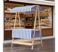 Portable Market Stall Collapsible with Sunshade Double-Shelf Display Made of Solid Wood Reinforced Structure Ideal for Crafts and Produce H190cm