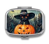 Portable Medicine Box, Black Cat Witch Print Printed Mini Rectangle Pill Case Pocket Medicine Box Pill Container Travel Jewelry Box Pill Holder Portable Vitamin Storage Box
