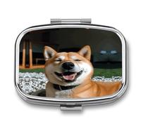 Portable Medicine Case 2 Compartment Medicine Box Shiba Inu Smile Tongue Out Cute Medicine Organizer Travel Pill Box for Pocket & Purse Portable Vitamin Medication Box Unique Travel Gift