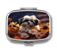 Portable Medicine Case 2 Compartment Medicine Box Shih Tzu Dog and Flowers Cute Medicine Organizer Travel Pill Box for Pocket & Purse Portable Vitamin Medication Box Unique Travel Gift