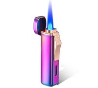 Portable Metal Refillable Lighter, Jet Triple Flame Windproof, with Visible Fuel Window Portable Torch Lighter for Camping Adventures (Fuel Not Included)(Purple)
