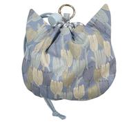 Portable Mini Drawstring Pouch & Wallet with 3D Cat Ears & Flower Pattern - Fits Earphones/Coins/Cards, Lanyard Included, Blue, Lily Pattern