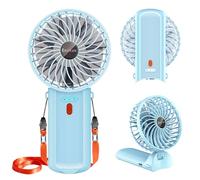 Portable Mini Hand Fan, USB Rechargeable 6-15H Cooling Small Personal Fan, 180° Foldable Desk Fan with 4 Quiet Speeds, Neck Fan with Lanyard for Travel, Outdoor, Office, Light Blue