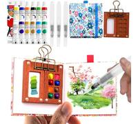 Portable Mini Watercolour Paint Set Travel & Wooden Paint Palette with Metal Clip,12 Colors Water Colour Paints Sets with Sketchbook & Water Pen for Pocket Watercolour Painters,Artists,Beginner (Blue)