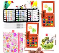 Portable Mini Watercolour Paint Set Travel & Wooden Paint Palette with Metal Clip, 18 x 12ml Watercolour Paints Sets with Sketchbook & Water Pen for Pocket Watercolour Painters,Artists(18 Colors)
