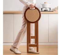 Portable Natural Wood Folding Stool with HandleLarge 45 x 60 cm Solid Wood Round High Stool for Bar Wicker Style No Backrest Ideal for Indoor/Outdoor Use