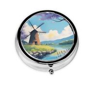 Portable on-The-go Pill Box, Beautiful River Windmill Round Pill Box, fits in Your Purse Pocket Lightweight 3 Compartment Pill Box,
